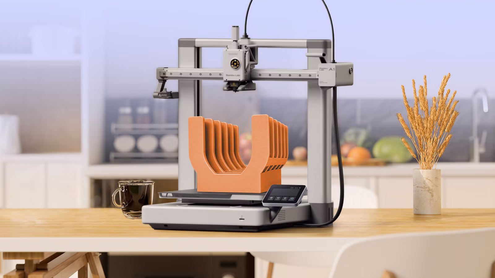 3d printer on a kitchen counter printing a custom pot lid organizer with a modern kitchen in the bac avif