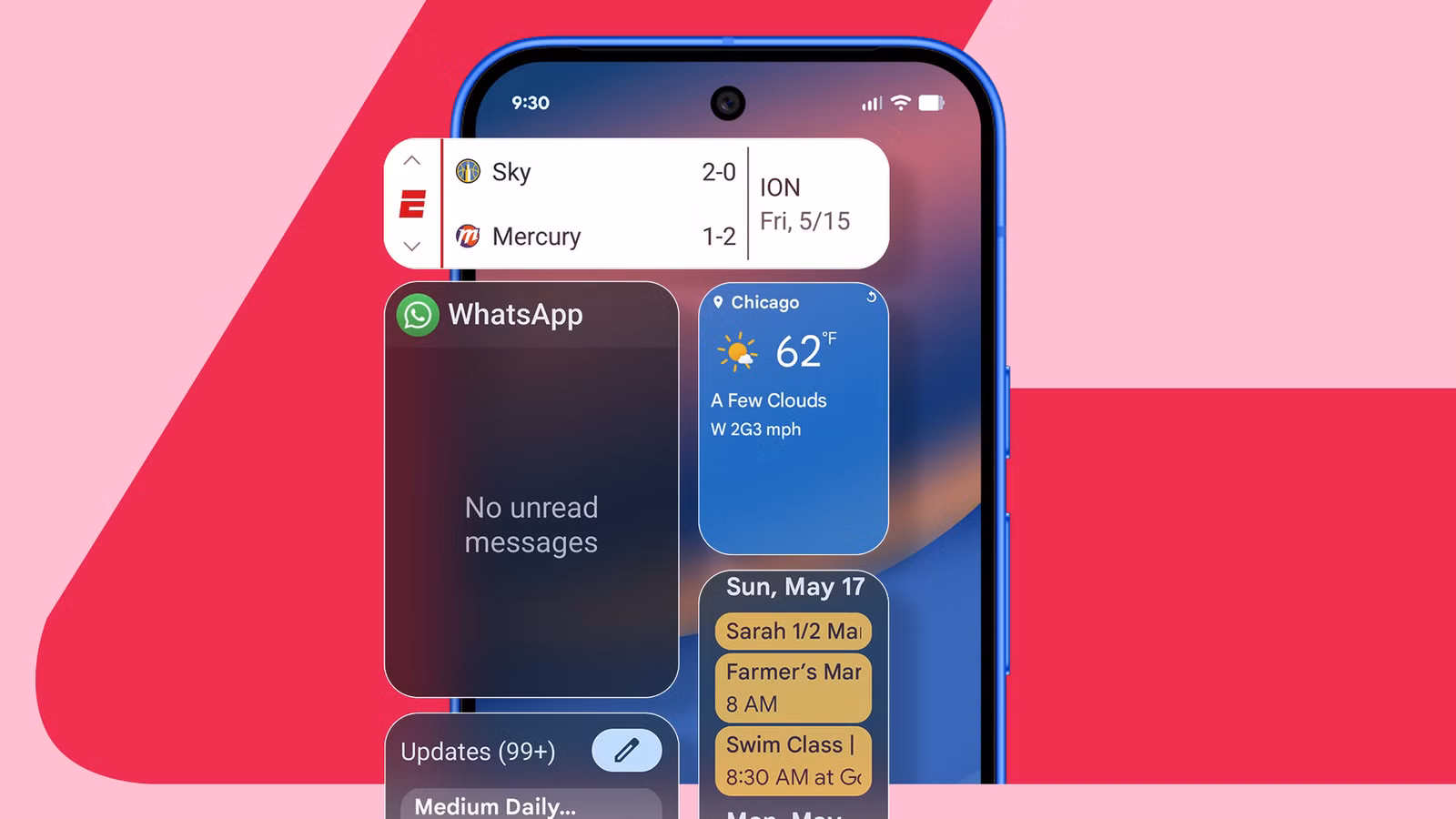 a blue smartphone with widgets on the screen set against a pink geometric background png