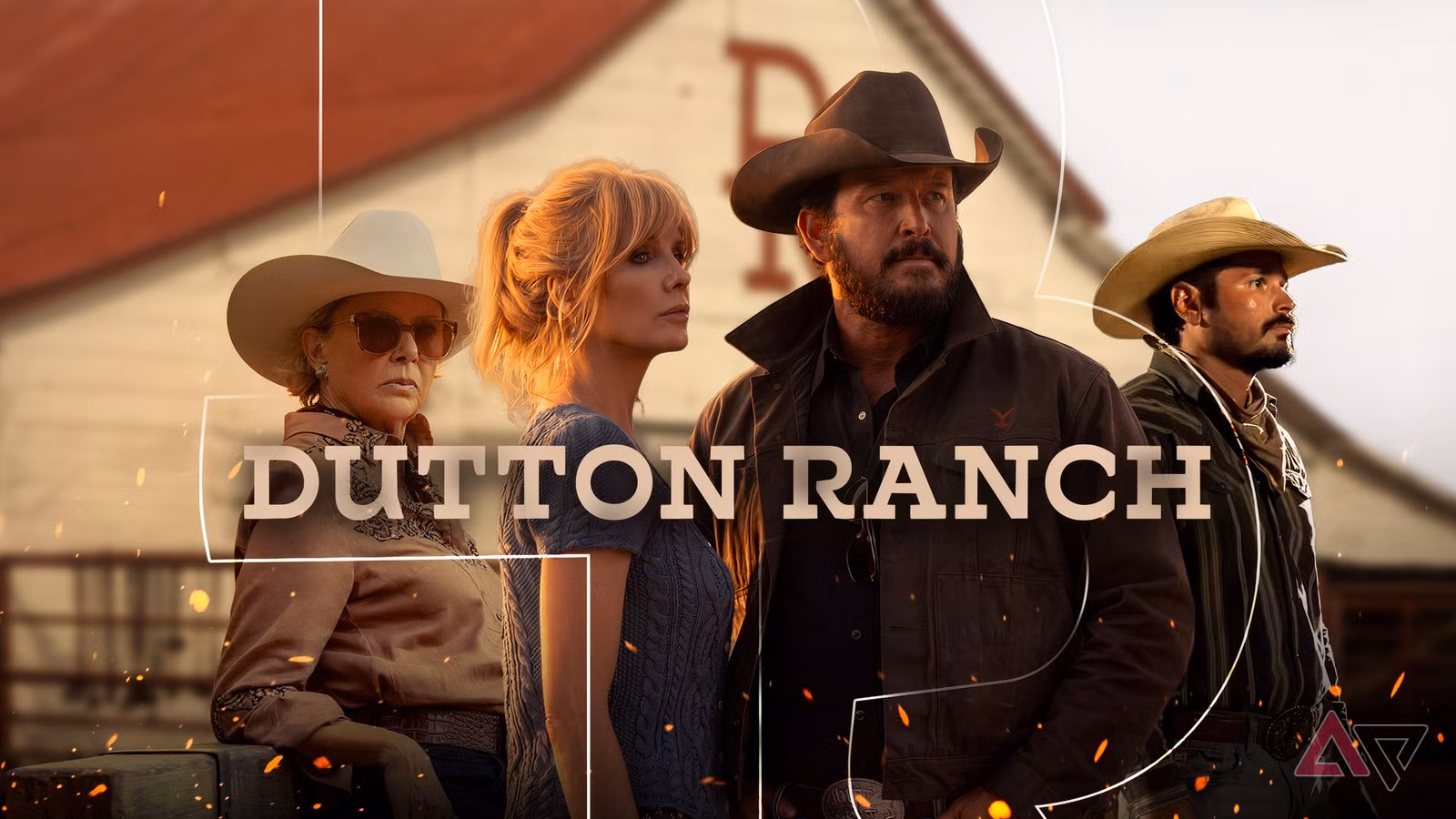 A Collage Featuring Characters From Dutton Ranch Standing In Front Of A Barn And Flying Sparks In Th Avif