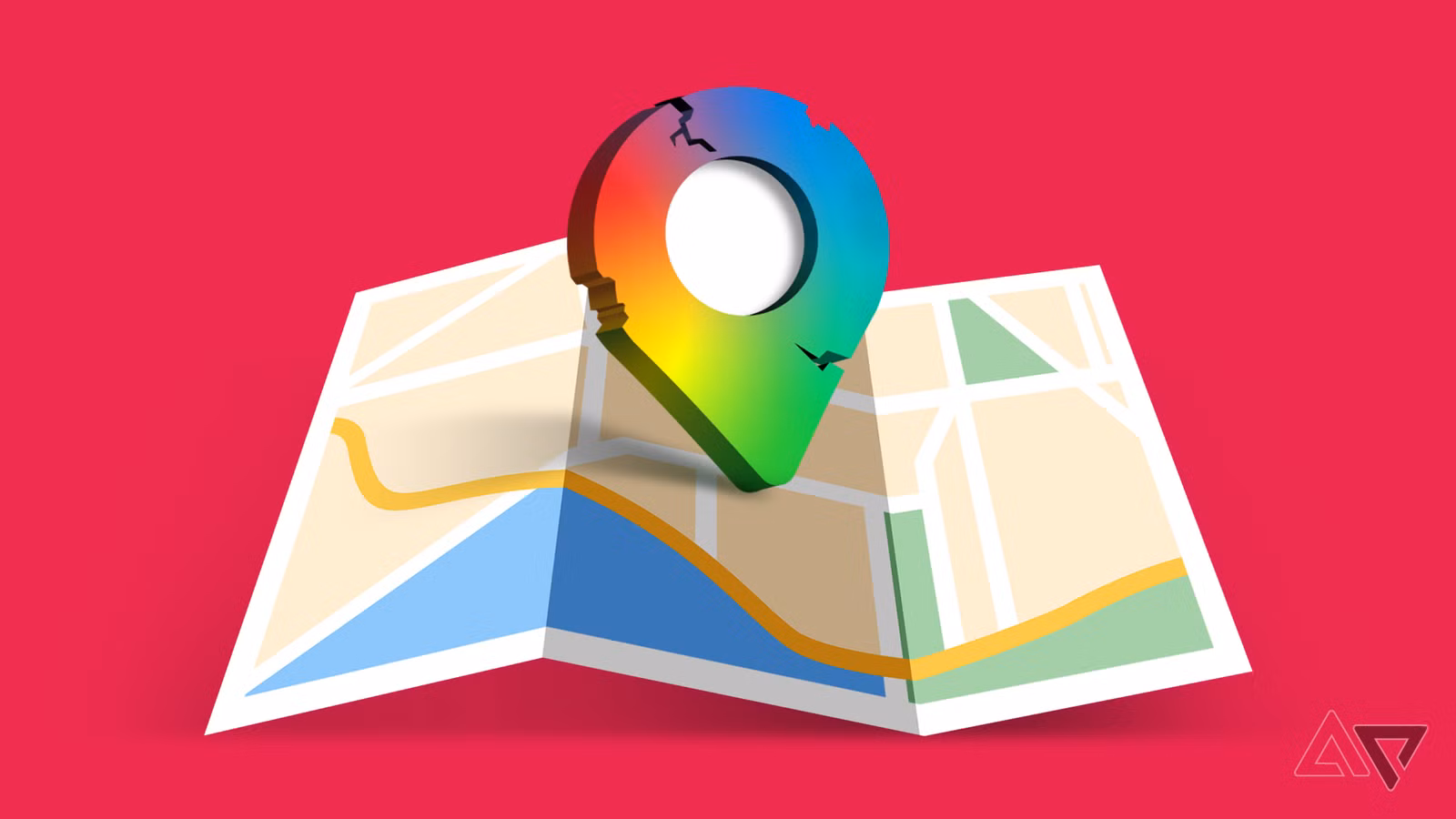a cracked google maps logo on top of a folded map png