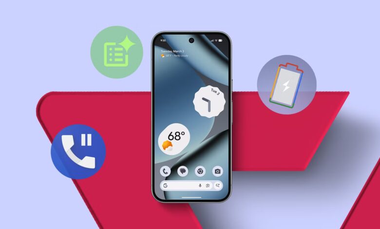 A Google Pixel Smartphone Surrounded By Circular Icons For Hold For Me Call Notes And Adaptive Charg Avif