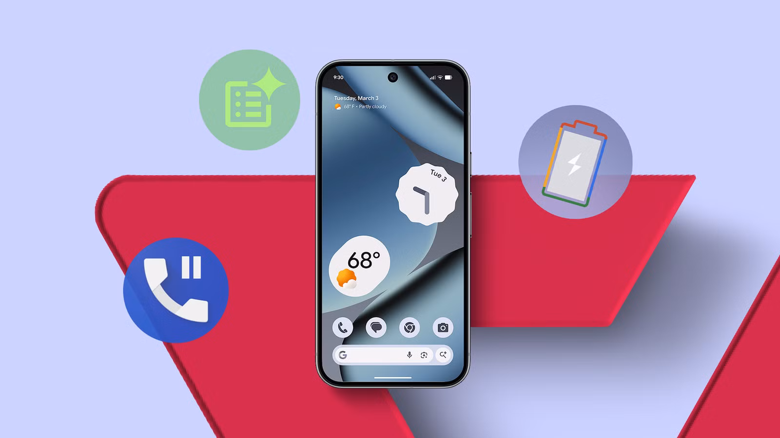 a google pixel smartphone surrounded by circular icons for hold for me call notes and adaptive charg avif