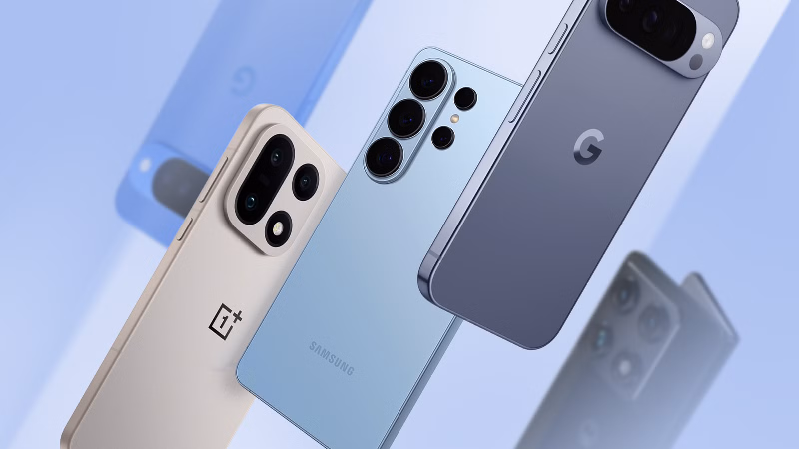 a group of modern smartphones from different brands floating against a light blue background png
