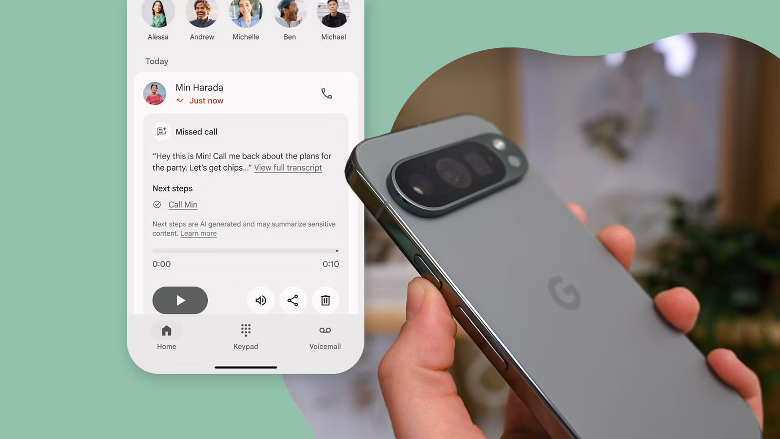 a hand holding a google pixel phone next to a screenshot displaying the take a message feature jpg