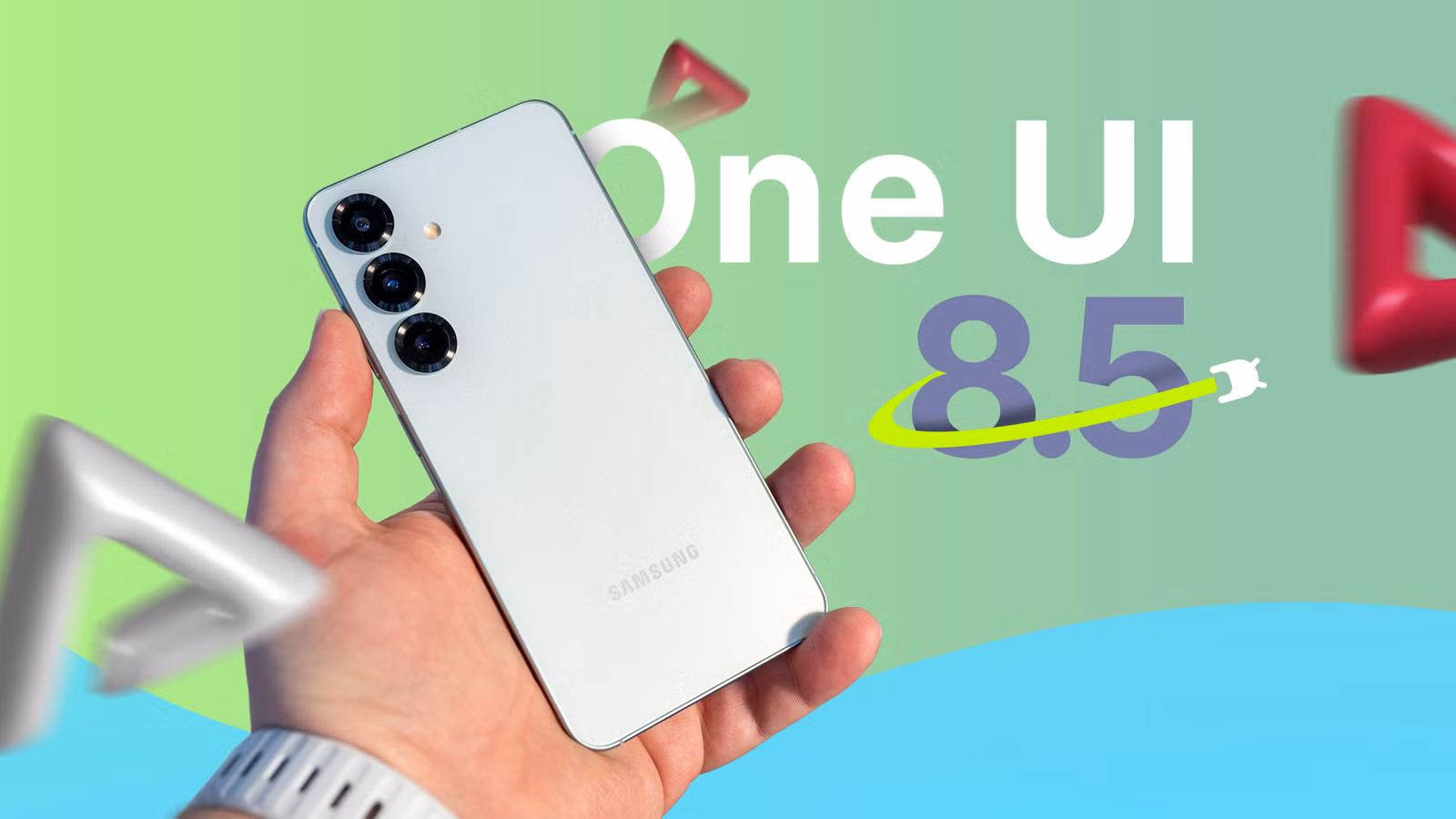 a hand holding a samsung galaxy s25 with one ui 8 5 displayed beside it png