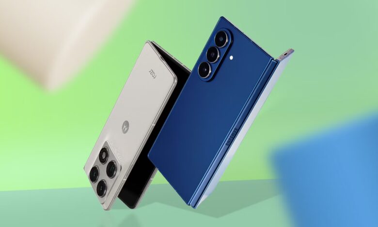A Motorola Razr Fold And A Samsung Galaxy Z Fold7 Partially Unfolded Against A Gradient Background J Avif
