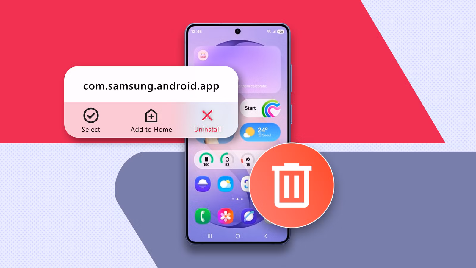 A Samsung Smartphone Displaying A Menu To Uninstall A System App With A Large Red Trash Can Icon In Avif