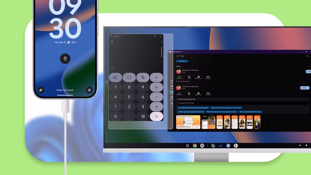 A Smartphone Connected To A Monitor Displaying An Android Desktop Interface With Floating Windowed A Avif