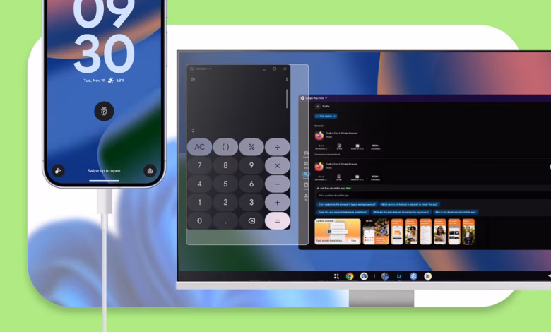 A Smartphone Connected To A Monitor Displaying An Android Desktop Interface With Floating Windowed A Avif