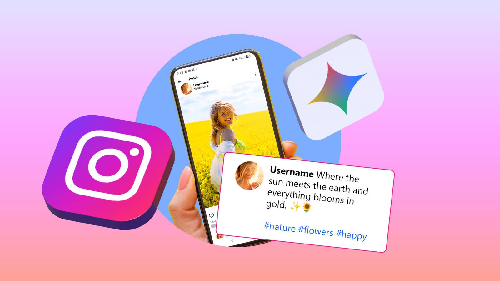a smartphone displaying an instagram post with an ai generated caption positioned between icons for jpeg