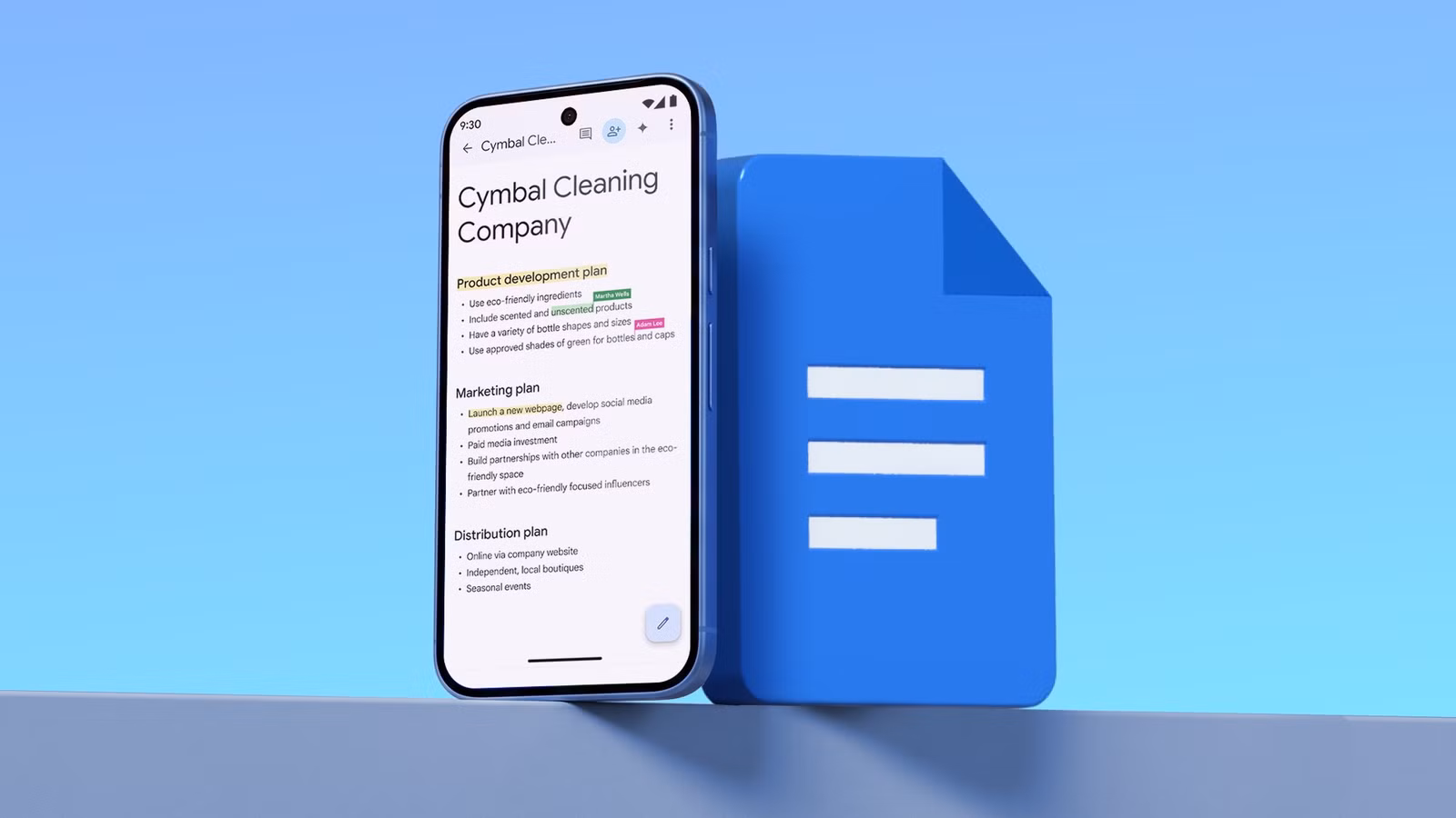 a smartphone next to a large 3d google docs icon on a light blue background jpeg