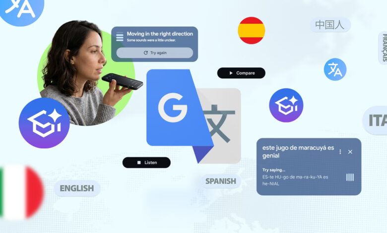 A Woman Practicing Pronunciation On Google Translate With Multiple Languages Displayed Around Them J Avif