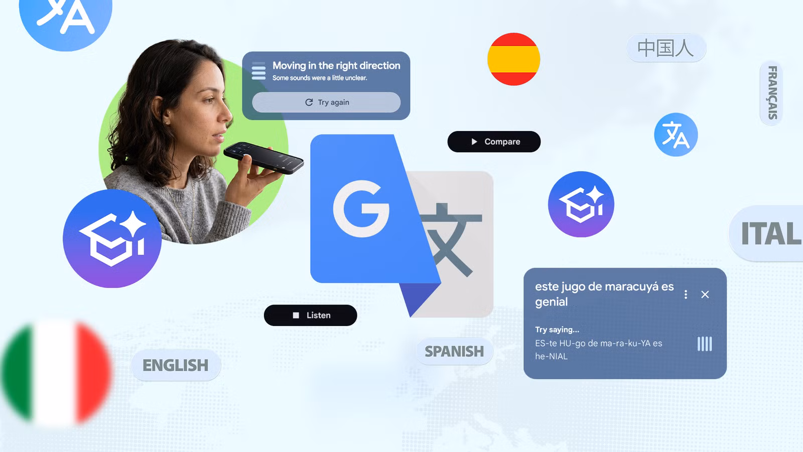 a woman practicing pronunciation on google translate with multiple languages displayed around them j avif