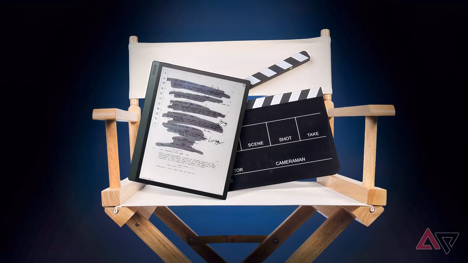 an onyx boox e reader and a film clapperboard resting on a director s chair jpg