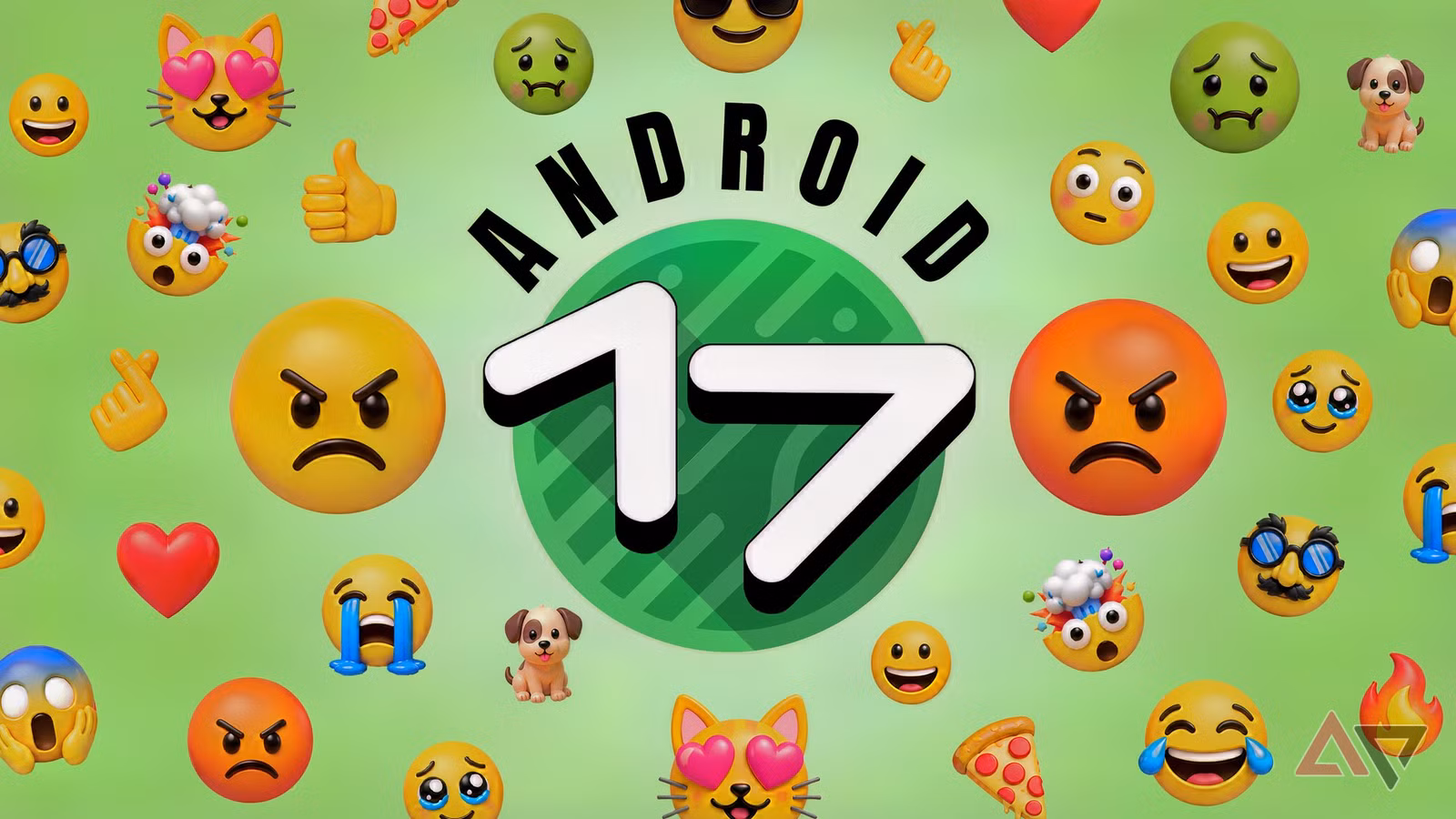 android 17 logo surrounded by 3d emojis on a green background png