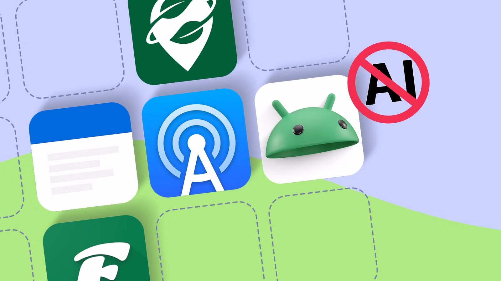 android app icons on a grid including organic maps standard notes feeder and antennapod with a no ai avif