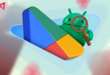 Android Mascot Peering Through A Magnifying Glass Behind A Large Colorful 3D Google Play Store Logo Avif