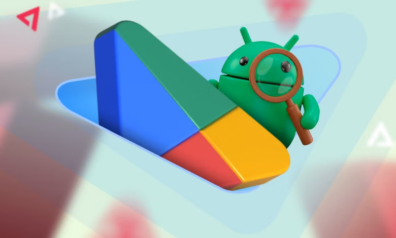 Android Mascot Peering Through A Magnifying Glass Behind A Large Colorful 3D Google Play Store Logo Avif