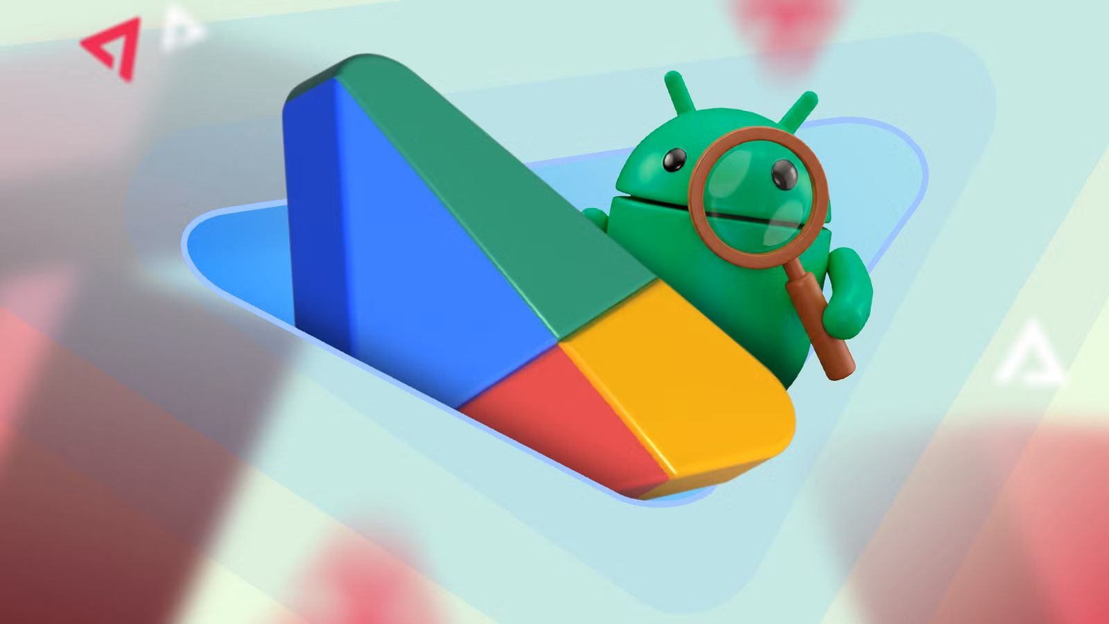 android mascot peering through a magnifying glass behind a large colorful 3d google play store logo avif