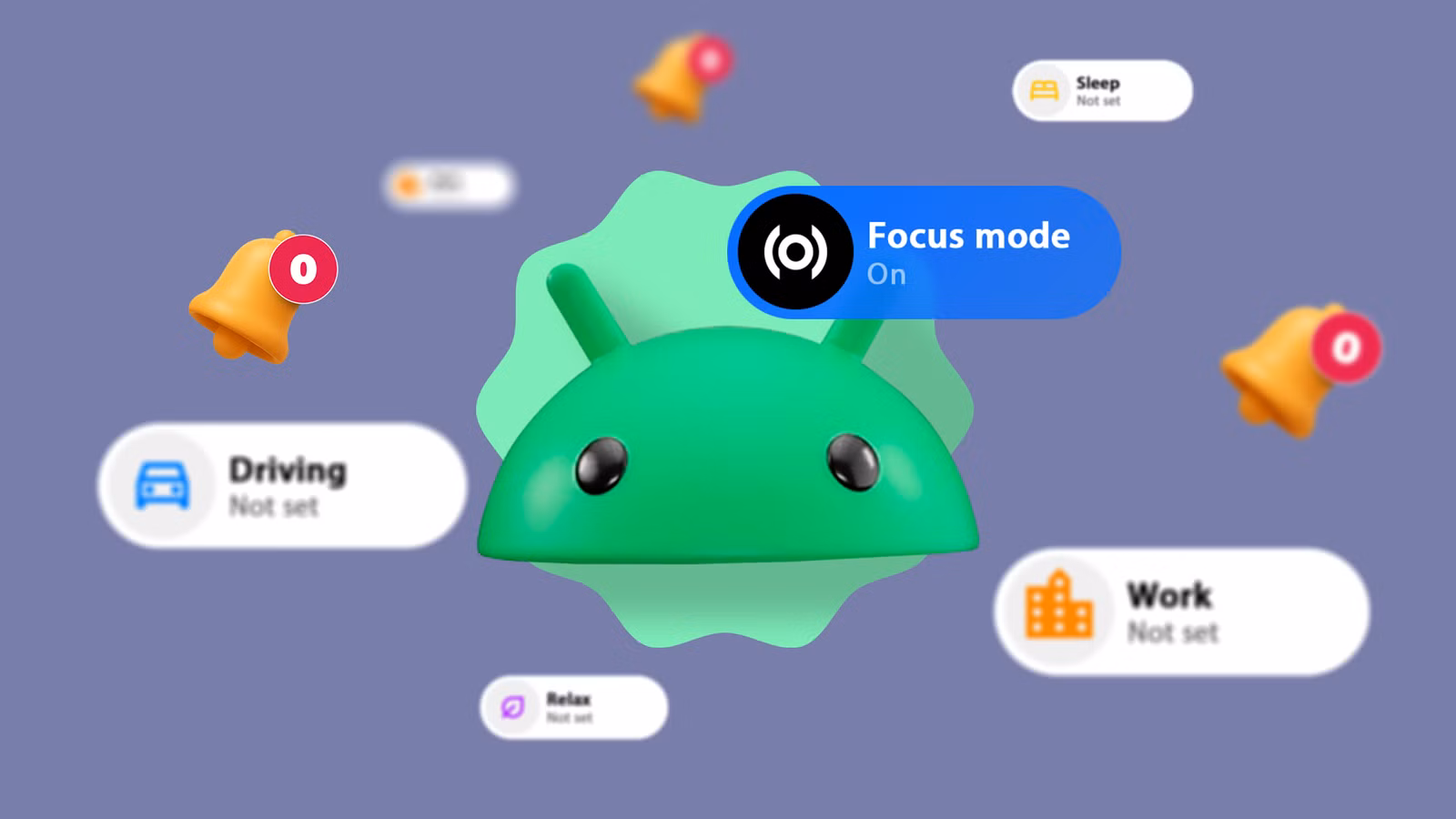 android mascot surrounded by focus mode settings and muted notification icons png