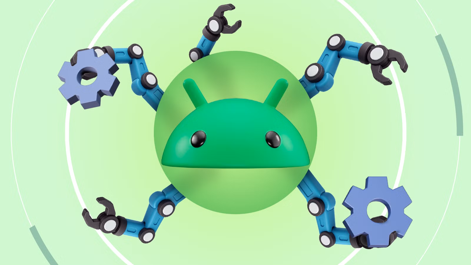 android mascot with robotic arms holding gears on a green background png
