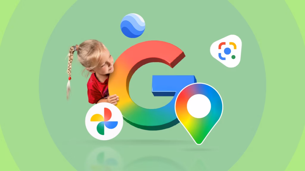 Child Peeking Around A Google Logo With Google Photos Google Maps Google Earth And Google Lens Icons Avif
