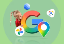 Child Peeking Around A Google Logo With Google Photos Google Maps Google Earth And Google Lens Icons Avif