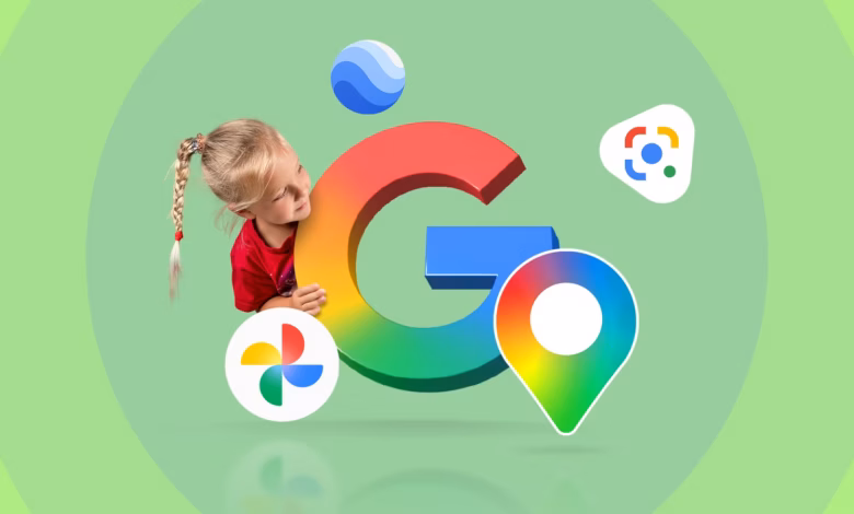 Child Peeking Around A Google Logo With Google Photos Google Maps Google Earth And Google Lens Icons Avif