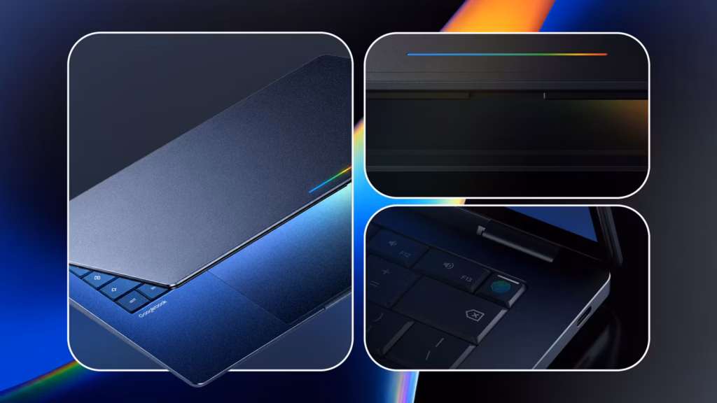 Close Up Renders Of A Dark Googlebook Laptop Showing The Lid Hinge And Fingerprint Sensor On A Futur Avif