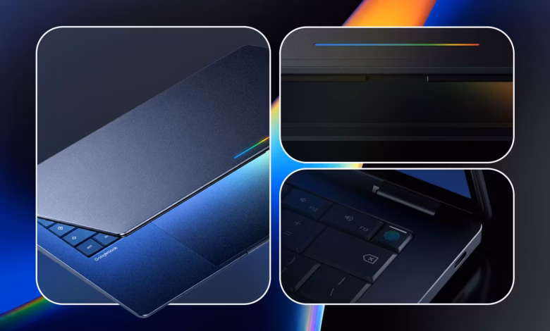 Close Up Renders Of A Dark Googlebook Laptop Showing The Lid Hinge And Fingerprint Sensor On A Futur Avif