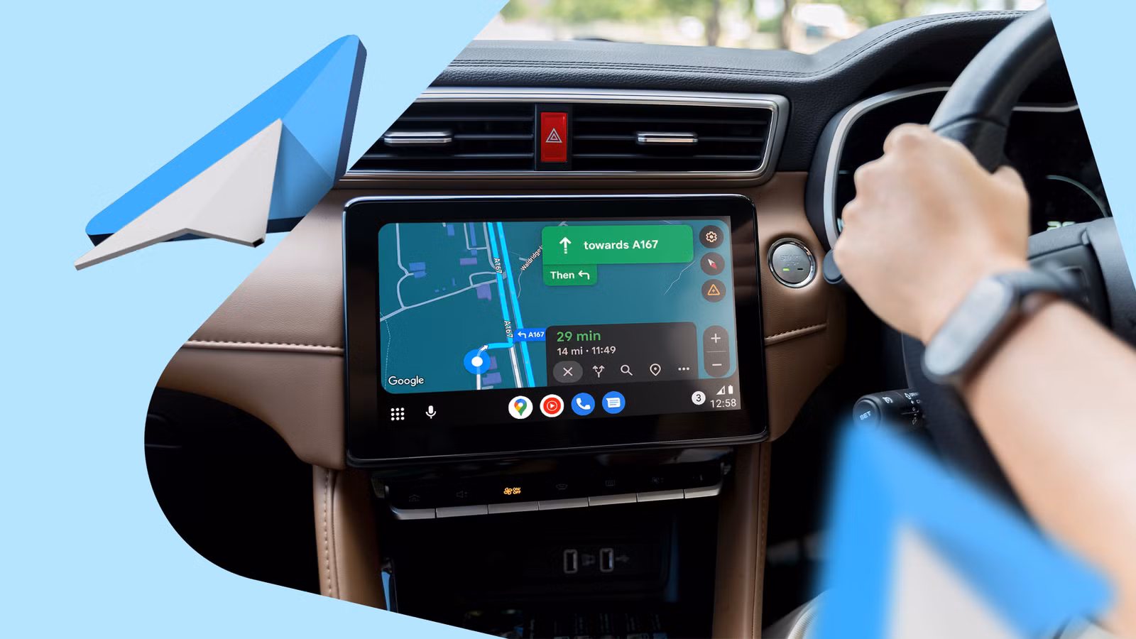 driver using android auto navigation on a car dashboard png