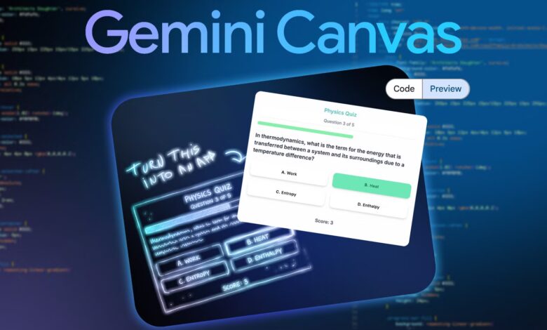 Gemini Canvas Interface Showing A Physics Quiz App Being Developed Over A Blurred Code Background Jp  Avif