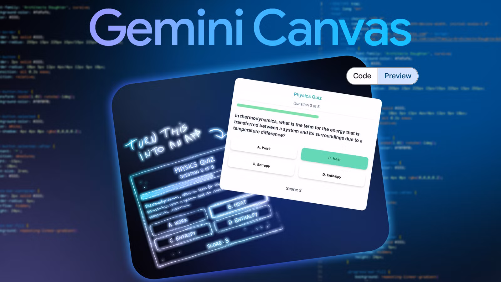 gemini canvas interface showing a physics quiz app being developed over a blurred code background jp  avif