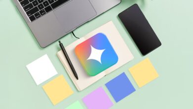 Gemini Logo Centered Over An Organized Workspace Featuring A Laptop Smartphone Notebook And Colorful Avif