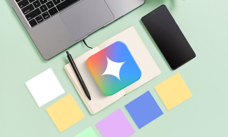 Gemini Logo Centered Over An Organized Workspace Featuring A Laptop Smartphone Notebook And Colorful Avif
