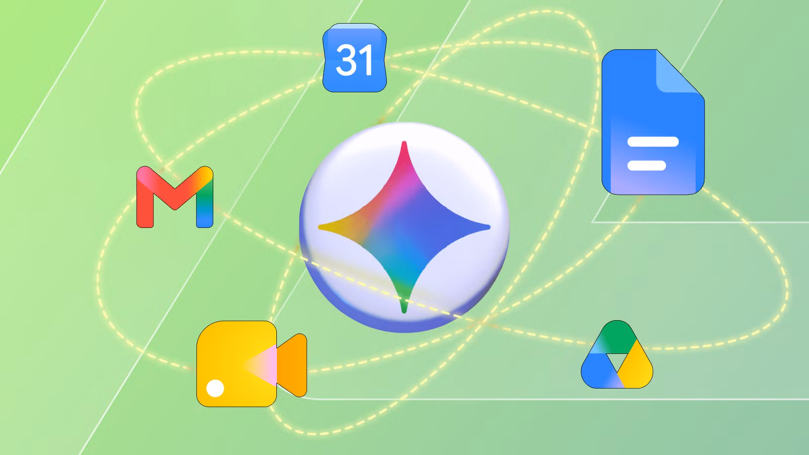 gemini logo in the center with google apps orbiting around it png