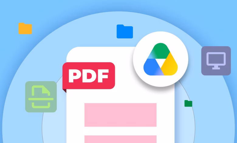 Google Drive Logo Over A Pdf Document With Floating File And Productivity Icons On A Blue Background Avif