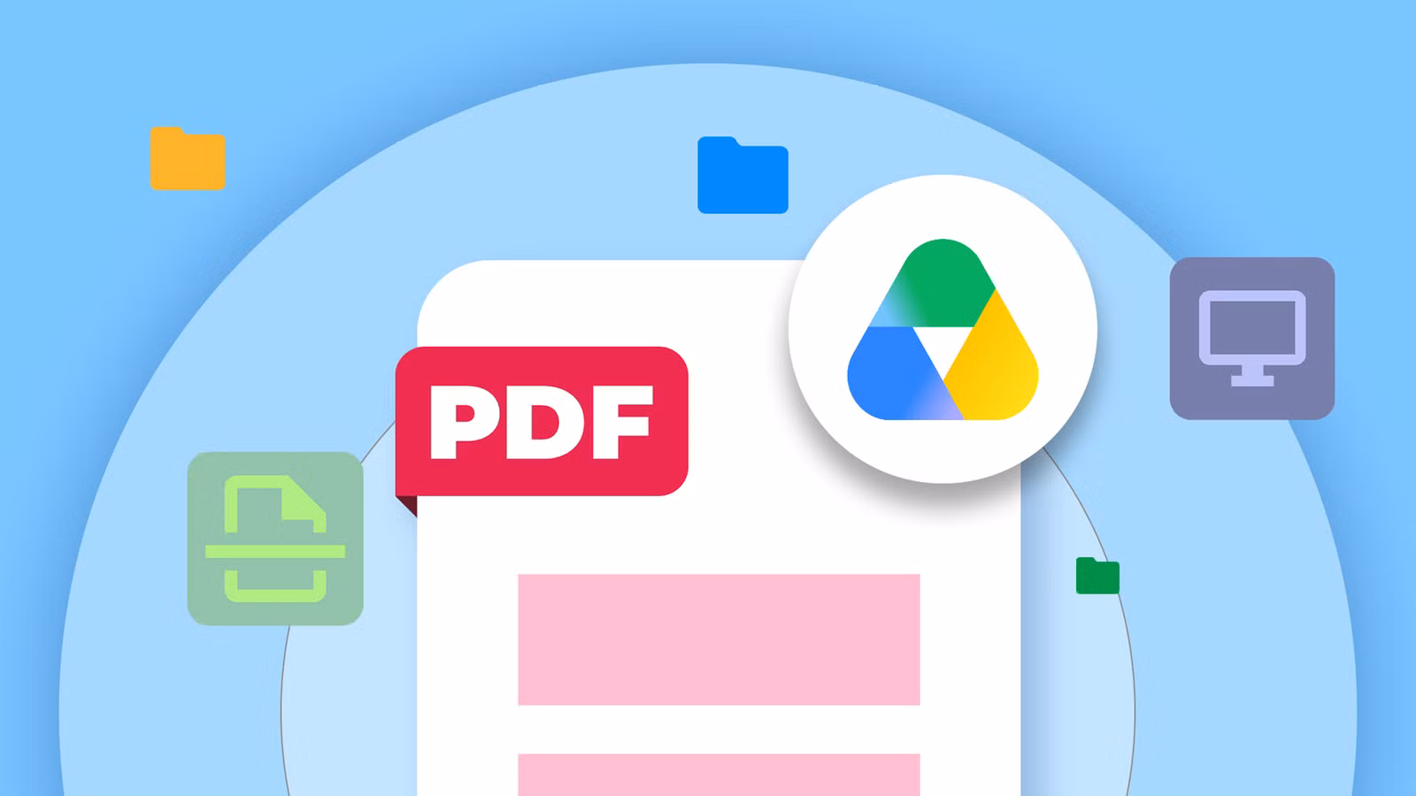 google drive logo over a pdf document with floating file and productivity icons on a blue background avif