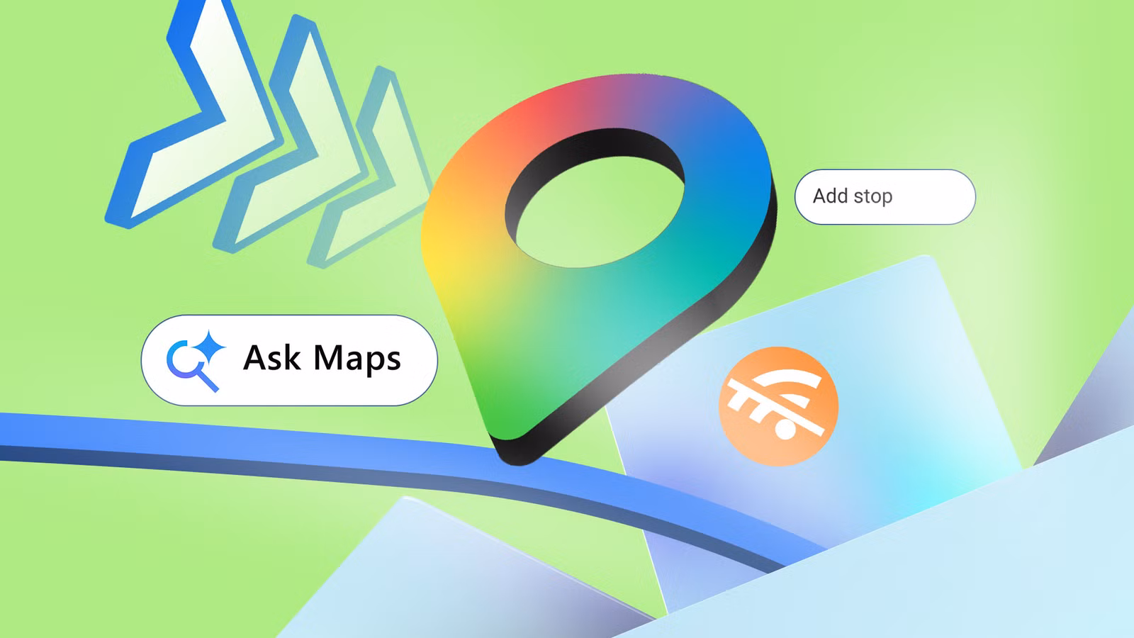 google maps logo surrounded by icons for ask maps add stop live location and offline maps over a gre avif