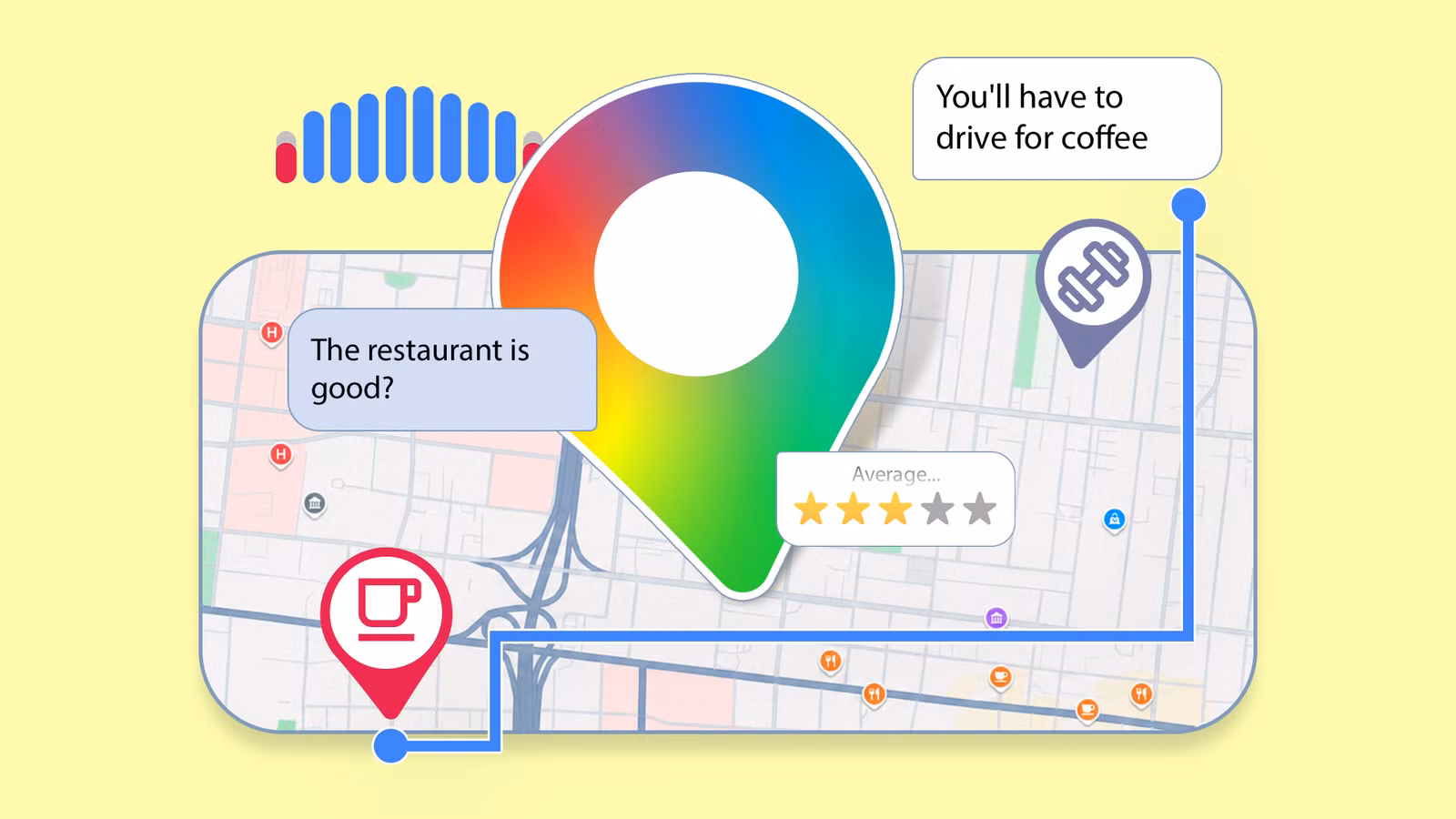 google maps pin over a neighborhood map with review ratings popular times graph and nearby business avif