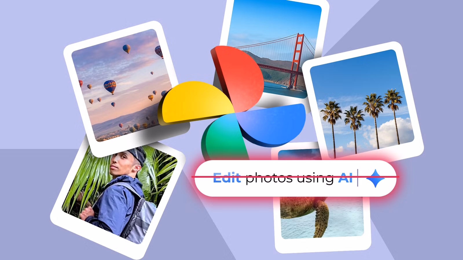 google photos logo surrounded by images with a red strike through over the edit photos using ai prom avif