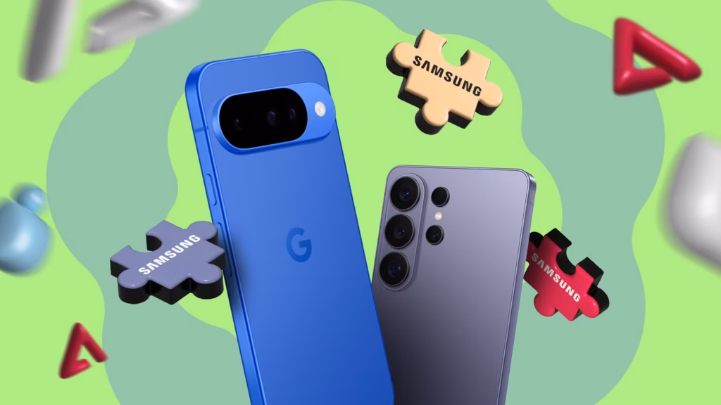 Google Pixel Phone Beside A Samsung Galaxy Phone With Floating Samsung Puzzle Pieces Symbolizing Mis Avif
