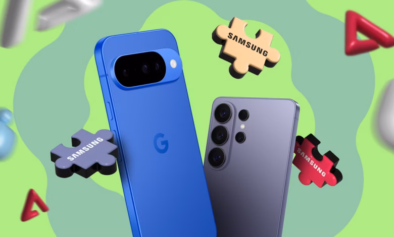 Google Pixel Phone Beside A Samsung Galaxy Phone With Floating Samsung Puzzle Pieces Symbolizing Mis Avif