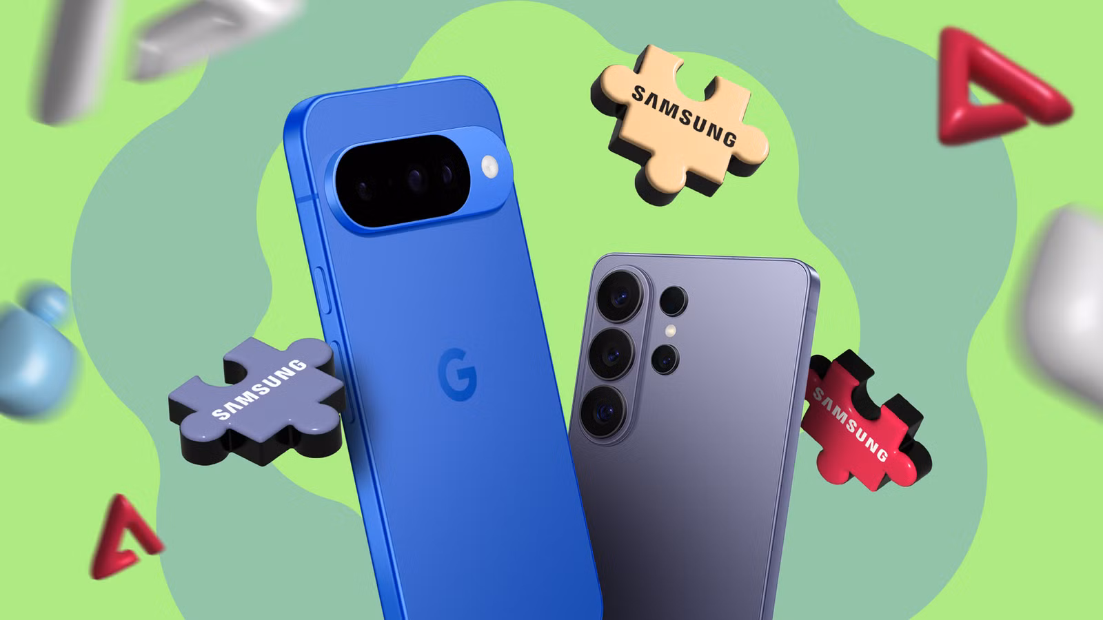google pixel phone beside a samsung galaxy phone with floating samsung puzzle pieces symbolizing mis avif