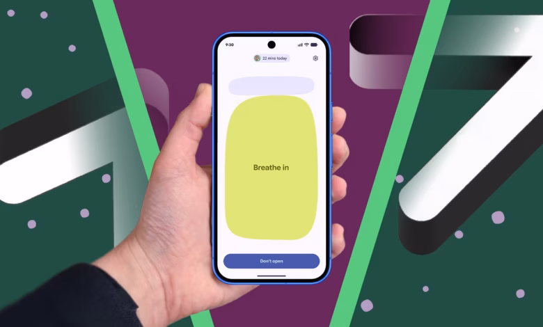 Hand Holding A Smartphone Showing Android 17 S Pause Point Breathing Screen In Front Of A Large Andr Avif