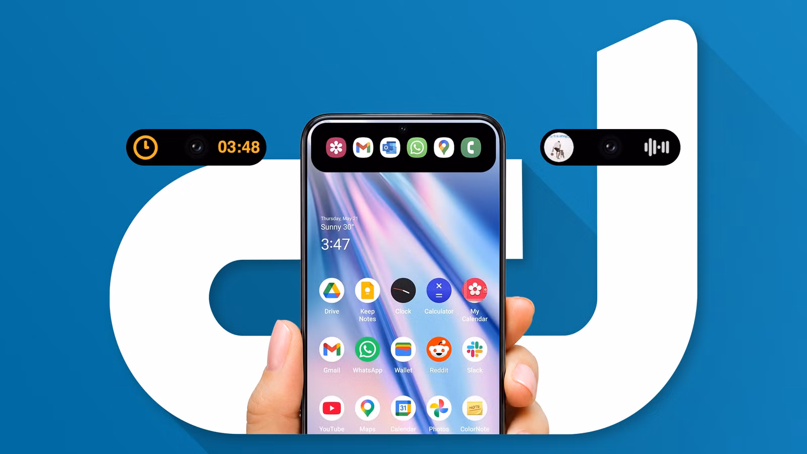 Hand Holding An Android Phone With Dynamicspot Notification Pop Ups Displayed Near The Camera Cutout Avif