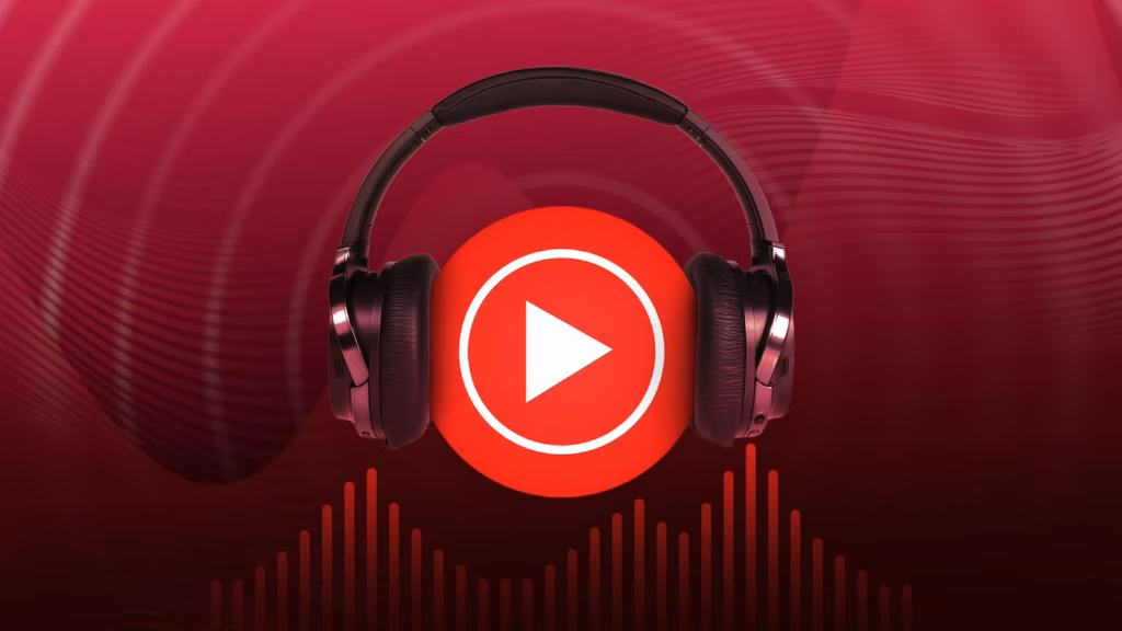 Illustration Of A Pair Of Black Headphones Surrounding The Red Youtube Music Logo Set Against A Dark Avif