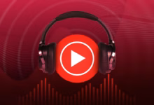 Illustration Of A Pair Of Black Headphones Surrounding The Red Youtube Music Logo Set Against A Dark Avif