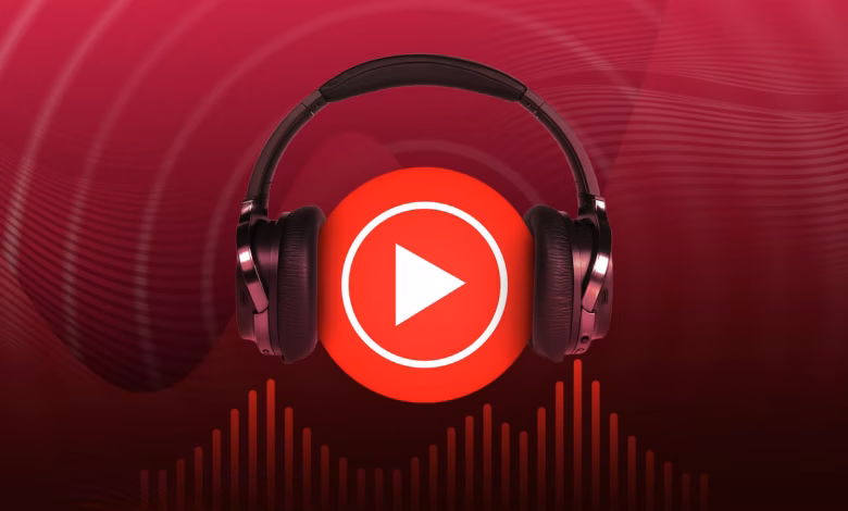 Illustration Of A Pair Of Black Headphones Surrounding The Red Youtube Music Logo Set Against A Dark Avif