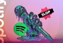 Illustration Of A Robotic Hand Holding A Melting Microphone Next To A Cracked Spotify Logo And A Slo Avif